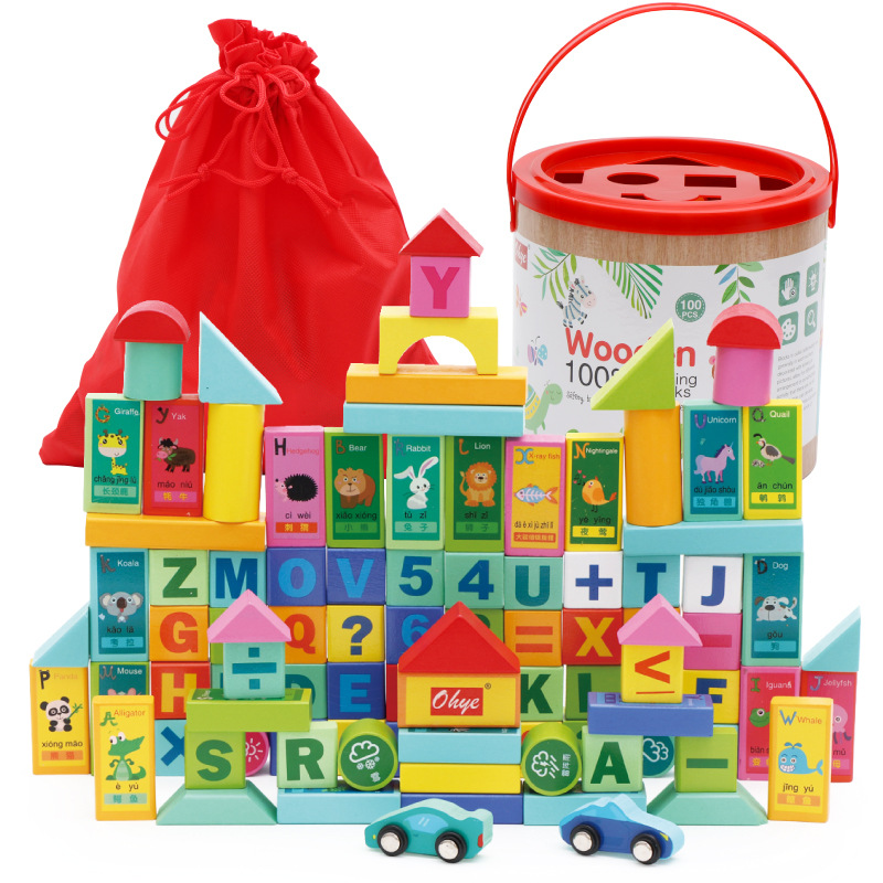 100 Barrel Building Blocks Children&#039;s Wooden Letters Wood Assembly Baby Toys Early Childhood Education Factory Wholesale