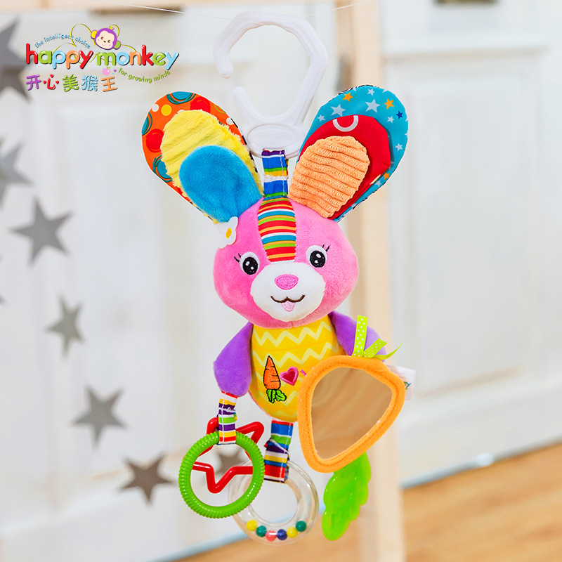 Happy Monkey baby toys 0 and 1 year old car hanging animal bed hang plush toys bell to appease the bell