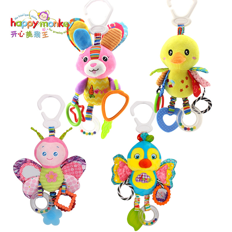 Happy Monkey baby toys 0 and 1 year old car hanging animal bed hang plush toys bell to appease the bell