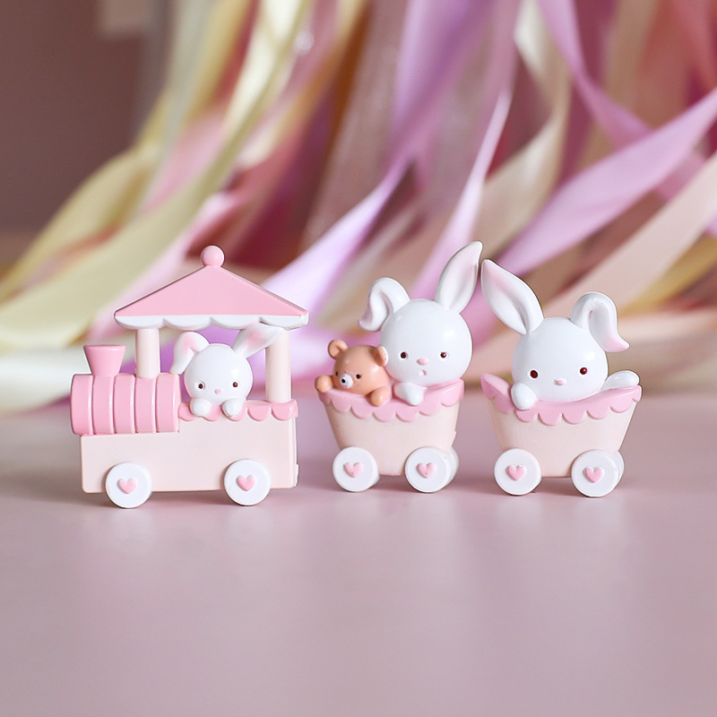 Original Pink Little Bunny Train Birthday Cake Decoration Doll Decoration PVC Material Pink Rabbit Train