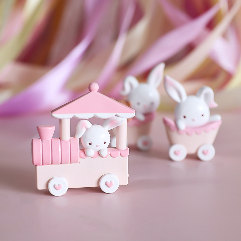 Original Pink Little Bunny Train Birthday Cake Decoration Doll Decoration PVC Material Pink Rabbit Train