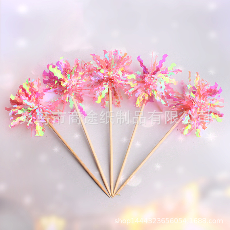 Internet Celebrity Ins Style Colorful Fireworks Cake Inserting Card 5 Pack Rain Silk Plug-in Colorful Ribbon Birthday Party Decoration