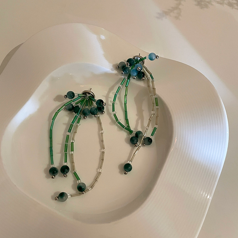 Long Tassel Fireworks Stitching Crystal Earrings Korean Design Fashion Personality Ear Stud Temperament Trend Creative Earrings