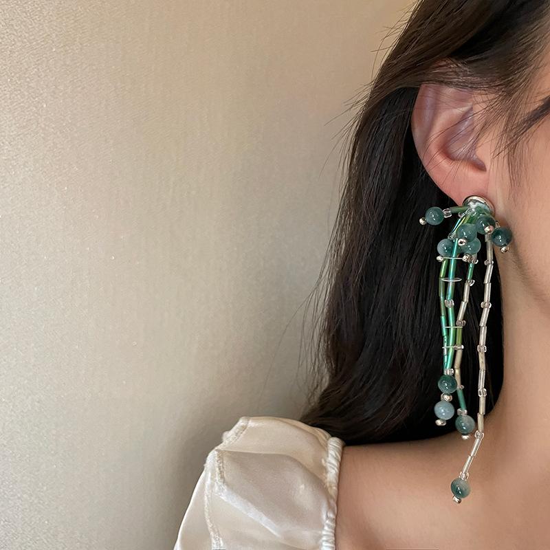 Long Tassel Fireworks Stitching Crystal Earrings Korean Design Fashion Personality Ear Stud Temperament Trend Creative Earrings