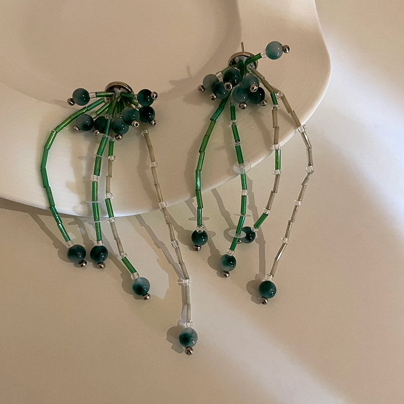 Long Tassel Fireworks Stitching Crystal Earrings Korean Design Fashion Personality Ear Stud Temperament Trend Creative Earrings