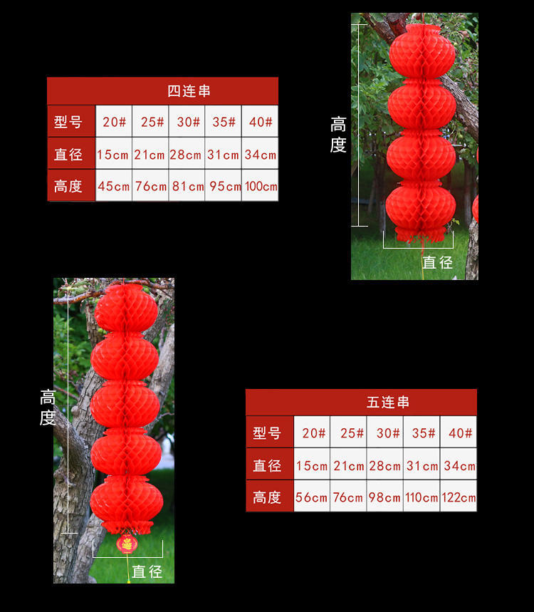 Wholesale Plastic Paper Lantern String Red Lantern Honeycomb Oil Paper Safety Light Spring Festival and New Year's Day Decoration and Layout Supplies