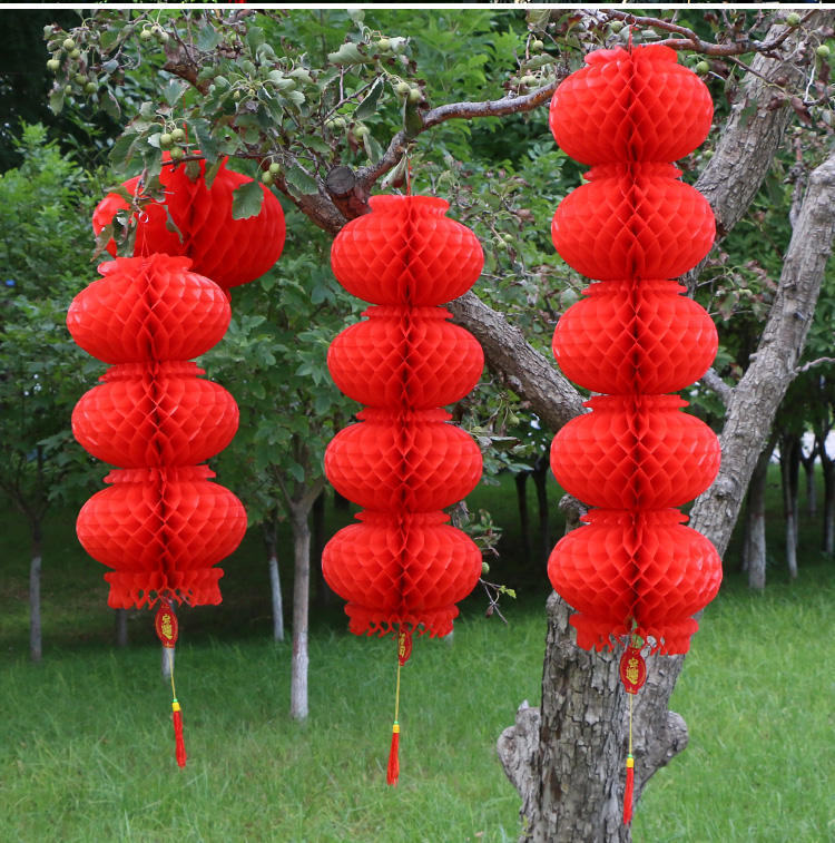 Wholesale Plastic Paper Lantern String Red Lantern Honeycomb Oil Paper Safety Light Spring Festival and New Year's Day Decoration and Layout Supplies