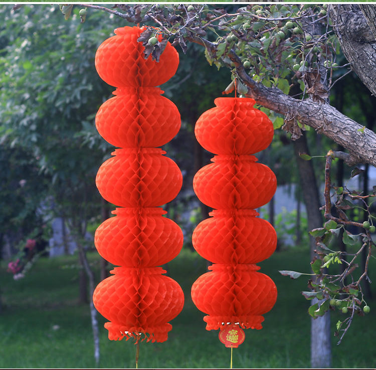 Wholesale Plastic Paper Lantern String Red Lantern Honeycomb Oil Paper Safety Light Spring Festival and New Year's Day Decoration and Layout Supplies