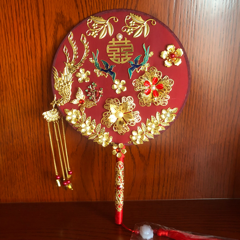 Archaistic Circular Fan DIY Handmade Chinese Style Bridal Bouquet Bride Wedding Fan Xiuhe Clothing Dragon and Phoenix Gown Wedding Tie Accessories Fan