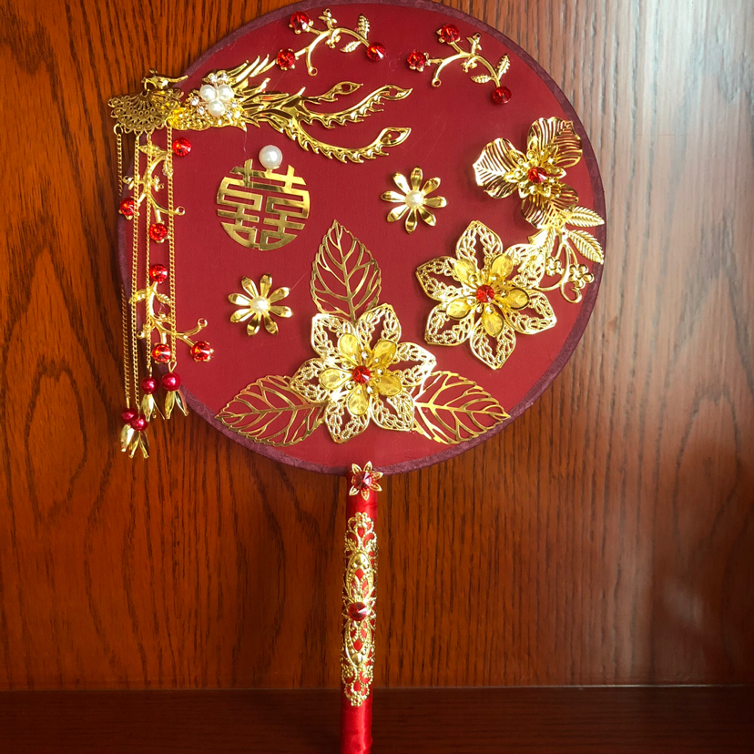 Archaistic Circular Fan DIY Handmade Chinese Style Bridal Bouquet Bride Wedding Fan Xiuhe Clothing Dragon and Phoenix Gown Wedding Tie Accessories Fan