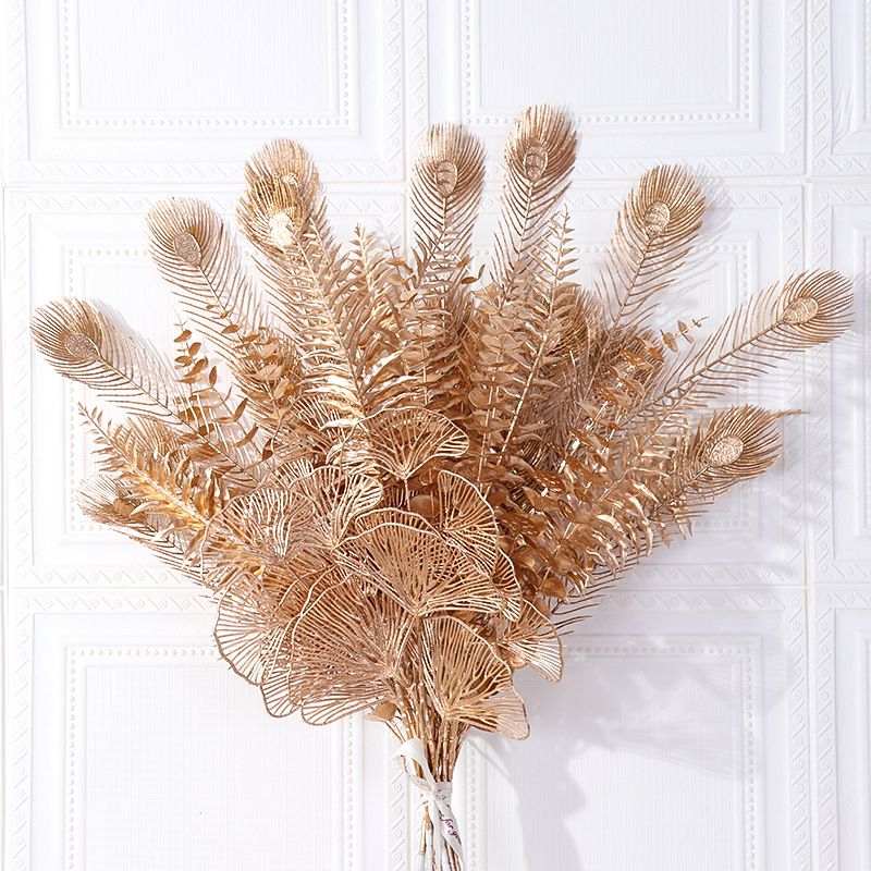 Simulation Golden Ginkgo Leaf Eucalyptus Leaf Golden Plastic Fan Leaves Home Wedding Decoration Decorative Fake Flower Wholesale