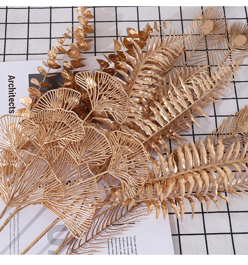 Simulation Golden Ginkgo Leaf Eucalyptus Leaf Golden Plastic Fan Leaves Home Wedding Decoration Decorative Fake Flower Wholesale Simulation Golden Ginkgo Leaf Eucalyptus Leaf Golden Plastic Fan Leaves Home Wedding Decoration Decorative Fake Flower Wholesale