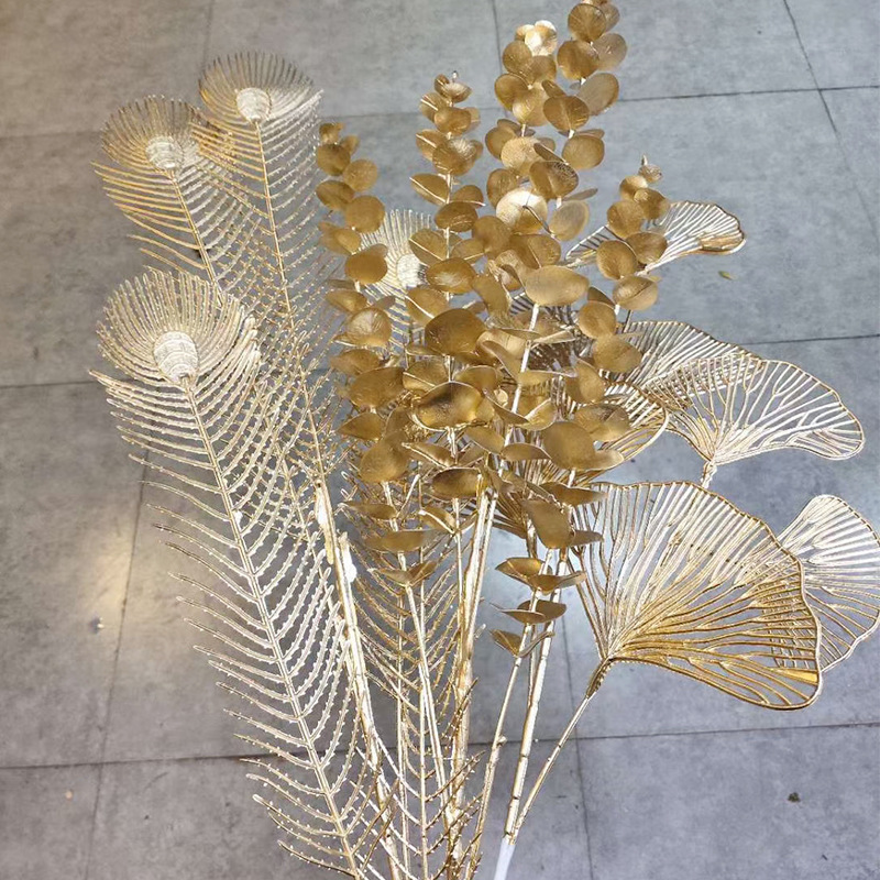 Golden Eucalyptus Artificial Flower New Year Blessing Bucket Plastic Flowers Wedding Simulation Flower Wholesale Fan Leaf Phoenix Tail Factory Supply