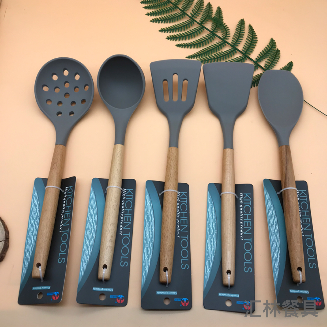 Beech Handle Silicone Kitchenware Heat Insulation Handle Large round Strainer and Soup Spoon Spatula Noodle Spoon Potato Press for Hotel