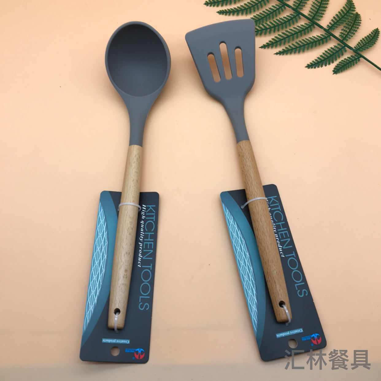 Beech Handle Silicone Kitchenware Heat Insulation Handle Large round Strainer and Soup Spoon Spatula Noodle Spoon Potato Press for Hotel
