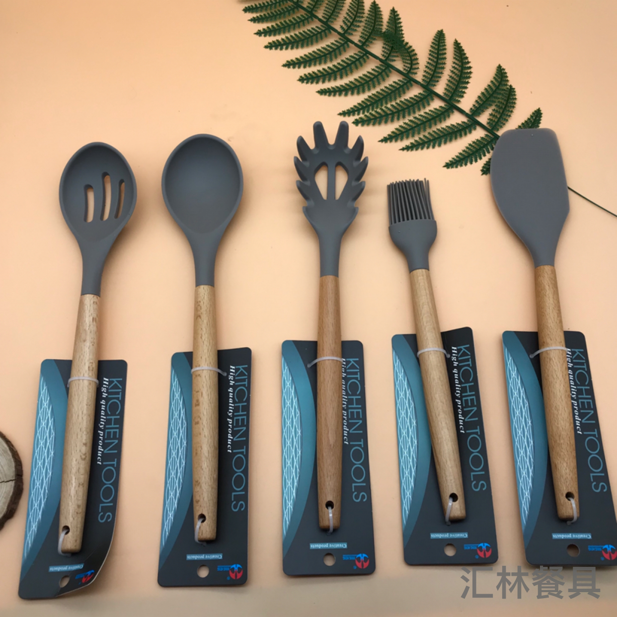 Beech Handle Silicone Kitchenware Heat Insulation Handle Large round Strainer and Soup Spoon Spatula Noodle Spoon Potato Press for Hotel