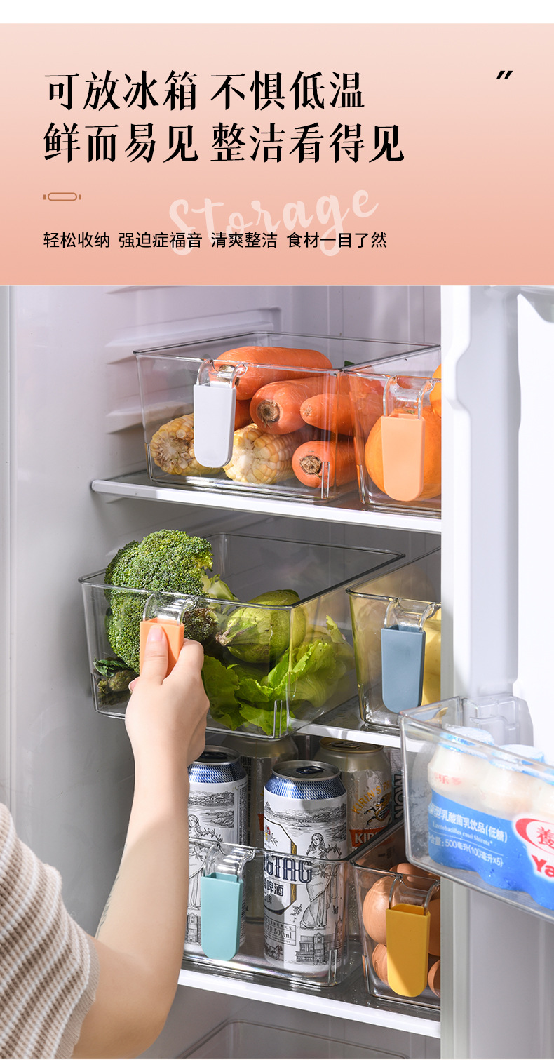 Simple Color Handle Storage Box Pet Food Transparent Fresh-Keeping Box Kitchen Fruit Bottle & Can Finishing Refrigerator Box