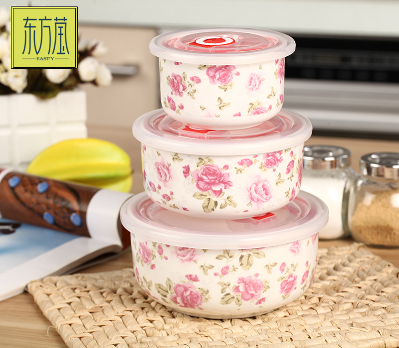 Bone China Fresh-Keeping Bowl Three-Piece Bone China Fresh-Keeping Box Bone China Storage Jar Bone China Refrigerator Microwave Oven Applicable Bowl