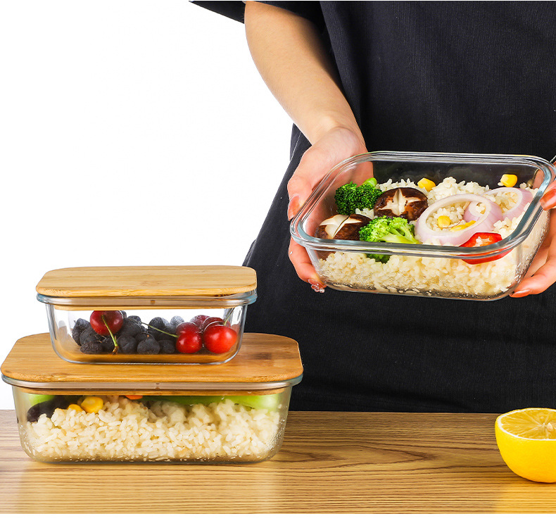 Bamboo Wood Cover Lunch Box Household Fresh-Keeping Box Glass Preservation Container Creative Multi-Purpose Bamboo and Wood Lunch Box in Stock Wholesale