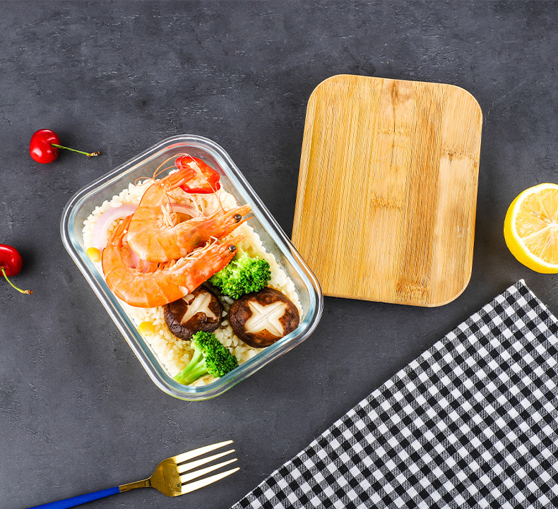 Bamboo Wood Cover Lunch Box Household Fresh-Keeping Box Glass Preservation Container Creative Multi-Purpose Bamboo and Wood Lunch Box in Stock Wholesale