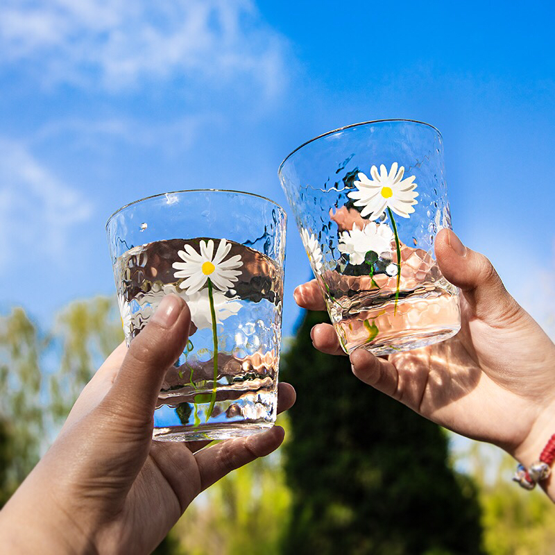 Cup Hand-Painted Little Daisy Japanese Style Hammer Pattern Glass Cup Height Transparent Heat Resistant Household Drinks Juice Snow Top Milk Tea