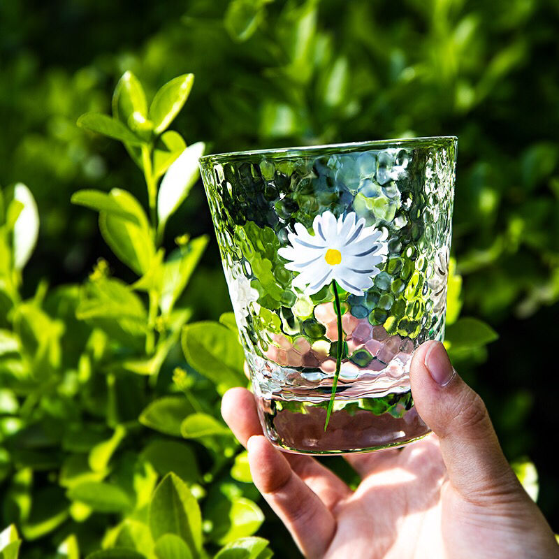 Cup Hand-Painted Little Daisy Japanese Style Hammer Pattern Glass Cup Height Transparent Heat Resistant Household Drinks Juice Snow Top Milk Tea