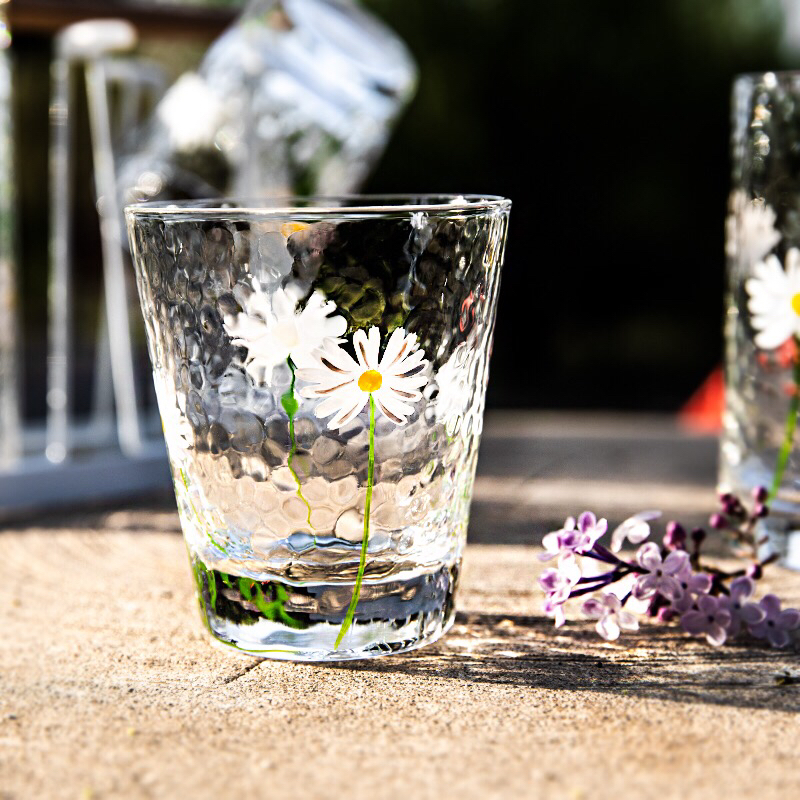 Cup Hand-Painted Little Daisy Japanese Style Hammer Pattern Glass Cup Height Transparent Heat Resistant Household Drinks Juice Snow Top Milk Tea