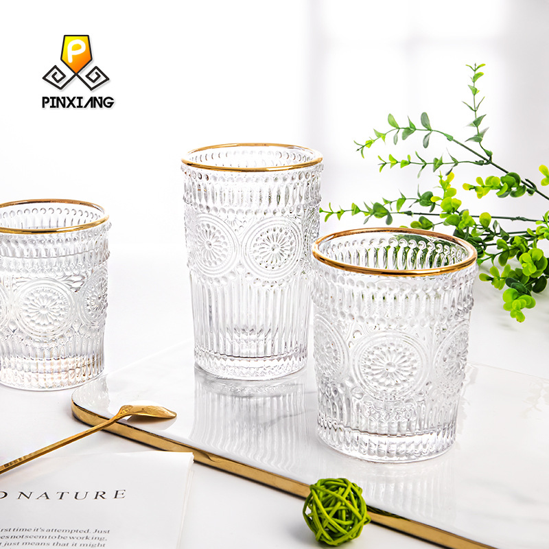  European-Style Vintage Embossed Phnom Penh Taiyanghua Glass Cup Heat-Resistant Breakfast Cup Fruit Decorative Wine Glas