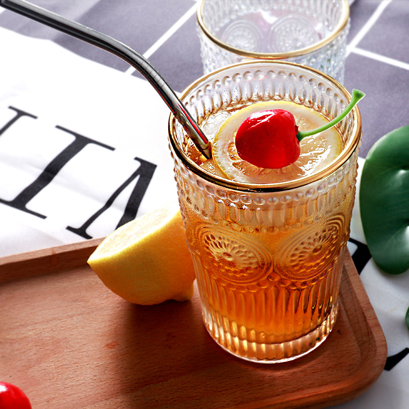  European-Style Vintage Embossed Phnom Penh Taiyanghua Glass Cup Heat-Resistant Breakfast Cup Fruit Decorative Wine Glas