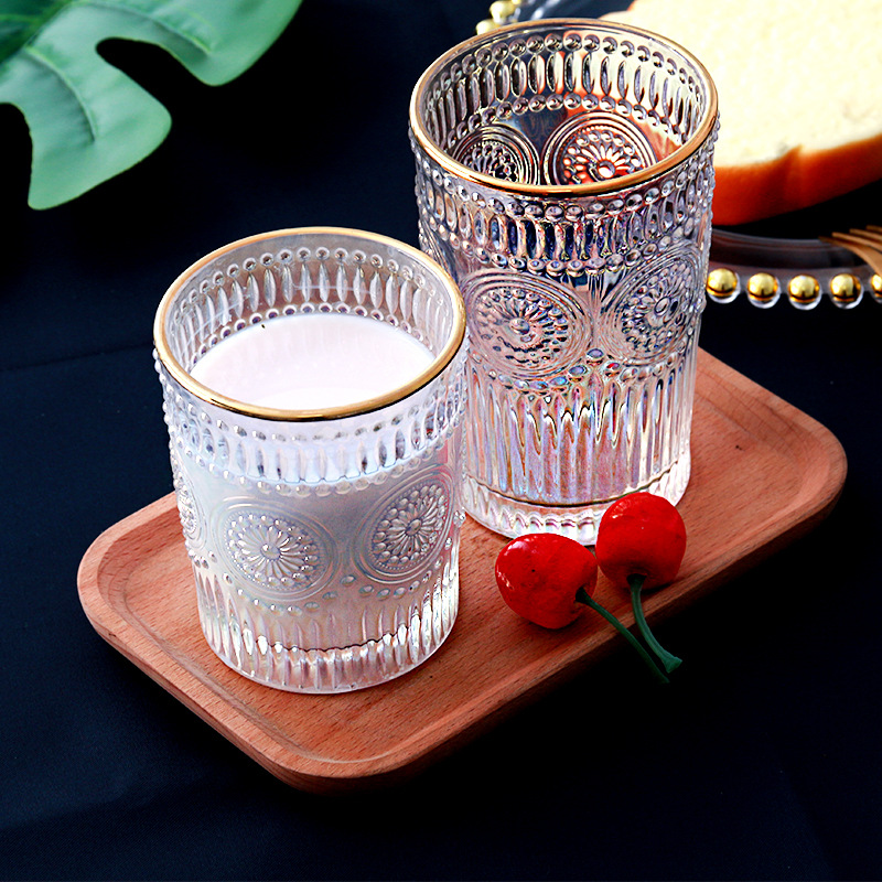  European-Style Vintage Embossed Phnom Penh Taiyanghua Glass Cup Heat-Resistant Breakfast Cup Fruit Decorative Wine Glas