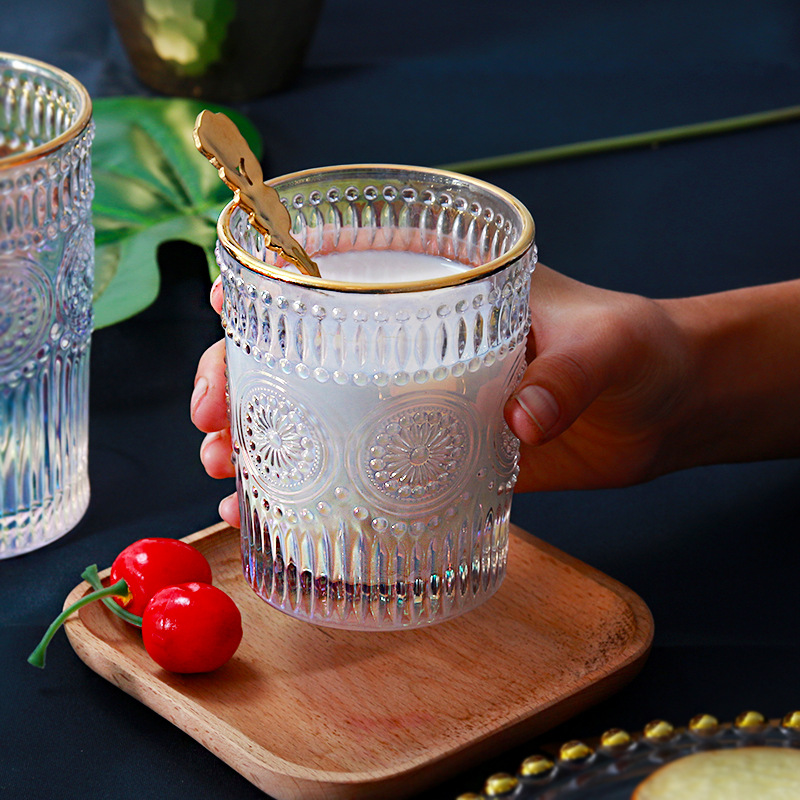  European-Style Vintage Embossed Phnom Penh Taiyanghua Glass Cup Heat-Resistant Breakfast Cup Fruit Decorative Wine Glas