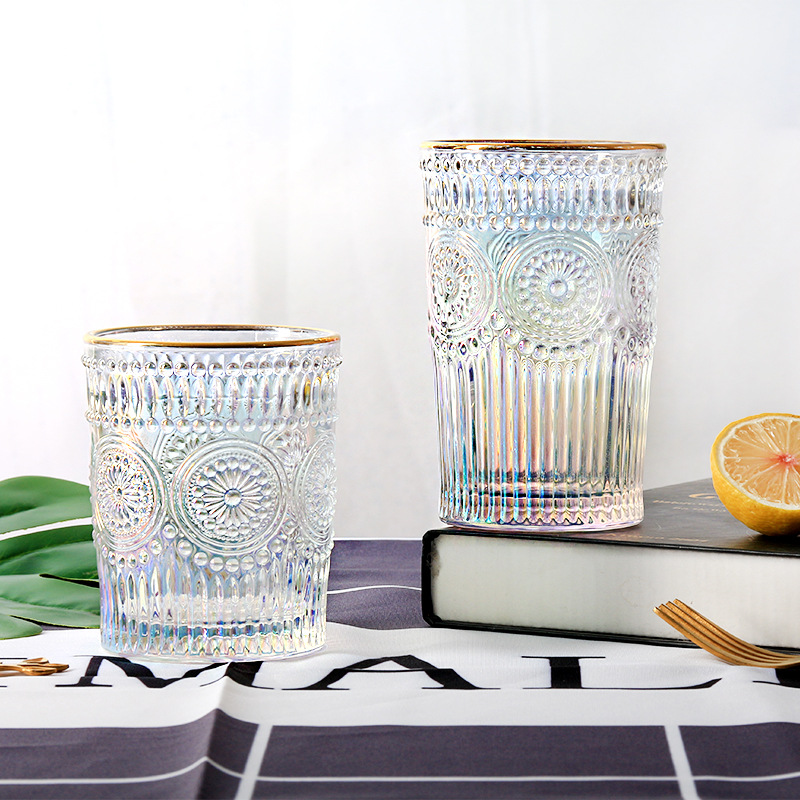  European-Style Vintage Embossed Phnom Penh Taiyanghua Glass Cup Heat-Resistant Breakfast Cup Fruit Decorative Wine Glas