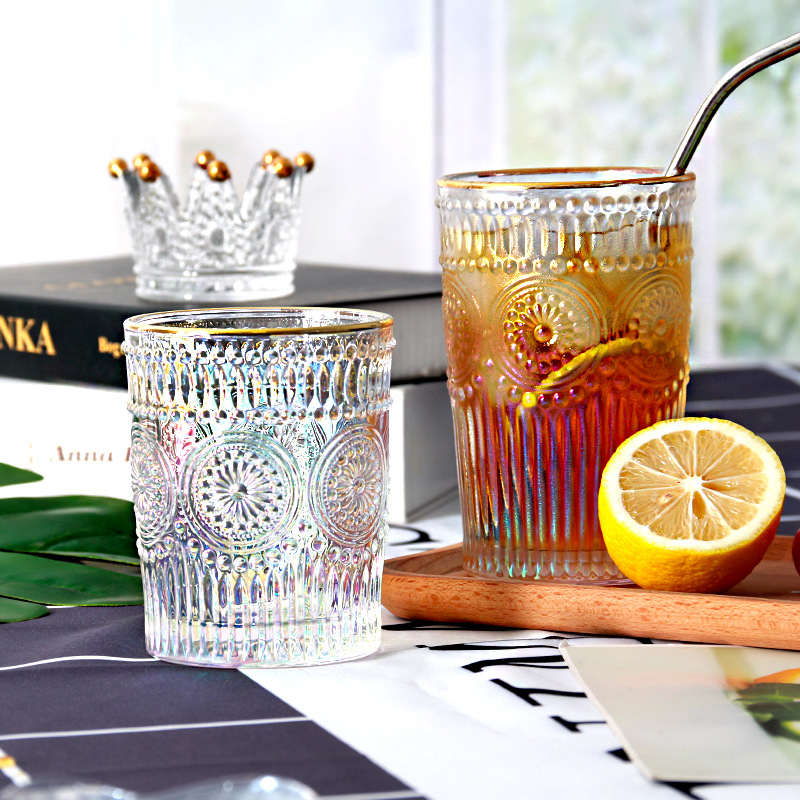  European-Style Vintage Embossed Phnom Penh Taiyanghua Glass Cup Heat-Resistant Breakfast Cup Fruit Decorative Wine Glas