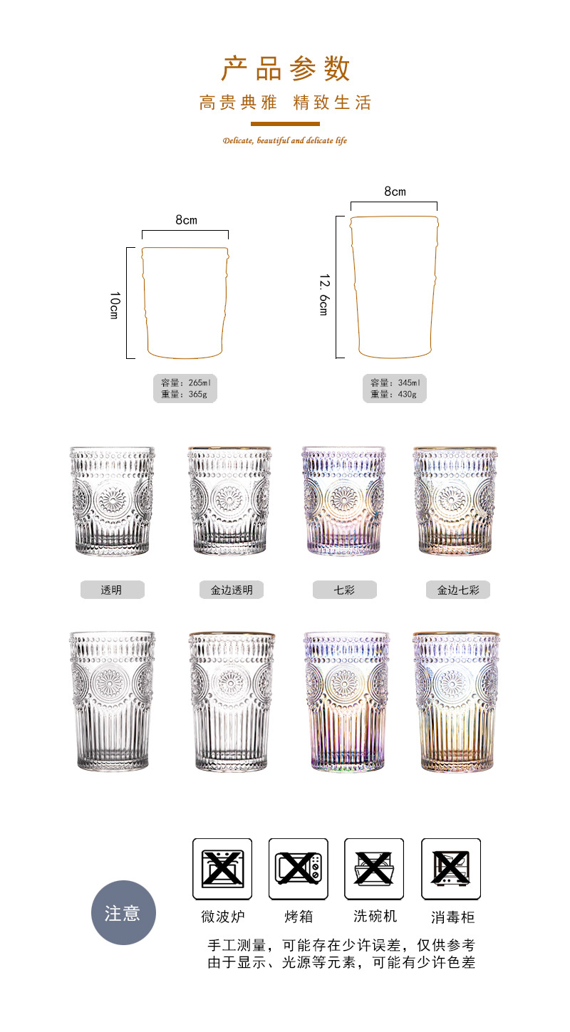  European-Style Vintage Embossed Phnom Penh Taiyanghua Glass Cup Heat-Resistant Breakfast Cup Fruit Decorative Wine Glas