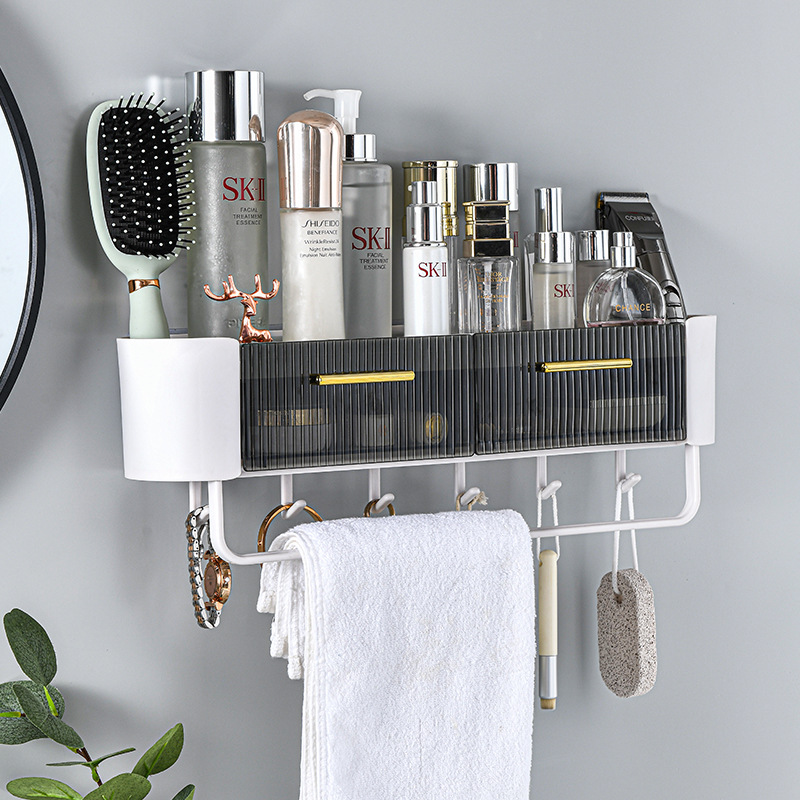 Bathroom Wall-Mounted Storage Rack with Hook Cosmetics Draining Carding Double Drawer Box Classification Storage Lotion Mask