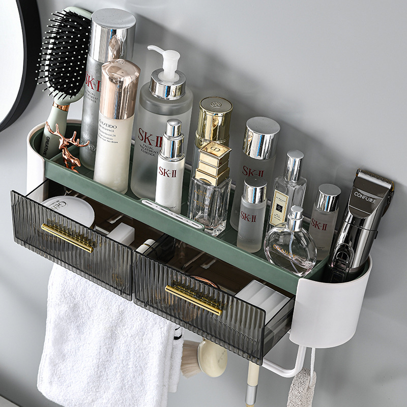 Bathroom Wall-Mounted Storage Rack with Hook Cosmetics Draining Carding Double Drawer Box Classification Storage Lotion Mask