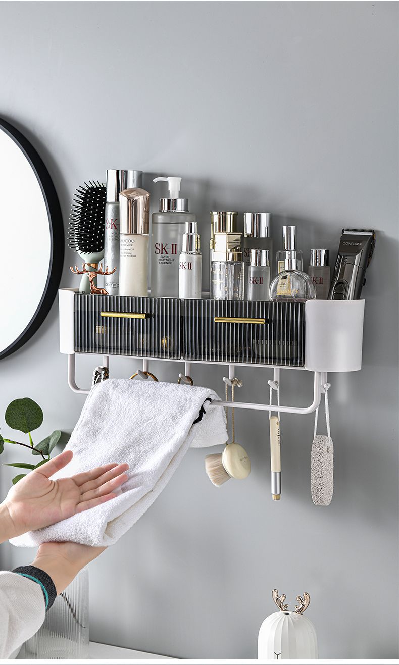 Bathroom Wall-Mounted Storage Rack with Hook Cosmetics Draining Carding Double Drawer Box Classification Storage Lotion Mask