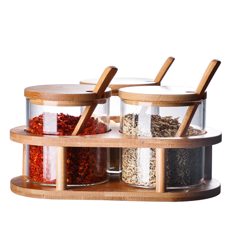Glass Seasoning Bottle Seasoning Bottle Set with Bamboo Spoon Bamboo Cover Kitchen Supplies Condiment Dispenser Seasoning Jar