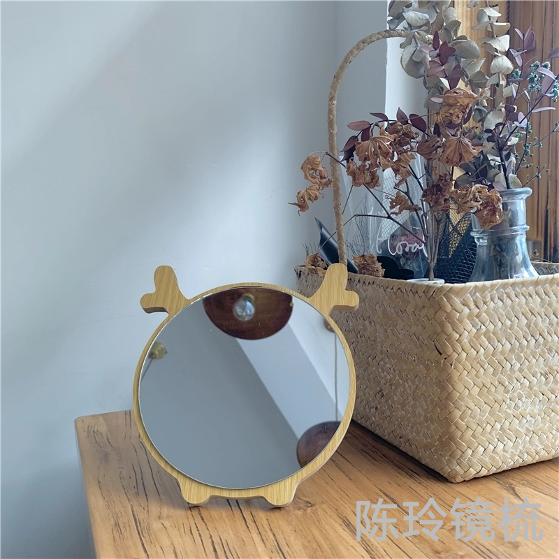 Korean Style Ins Makeup Mirror Internet Celebrity Minimalist Wooden Cute Cartoon Bear Elk Desktop Desktop Creative Dressing Mirror