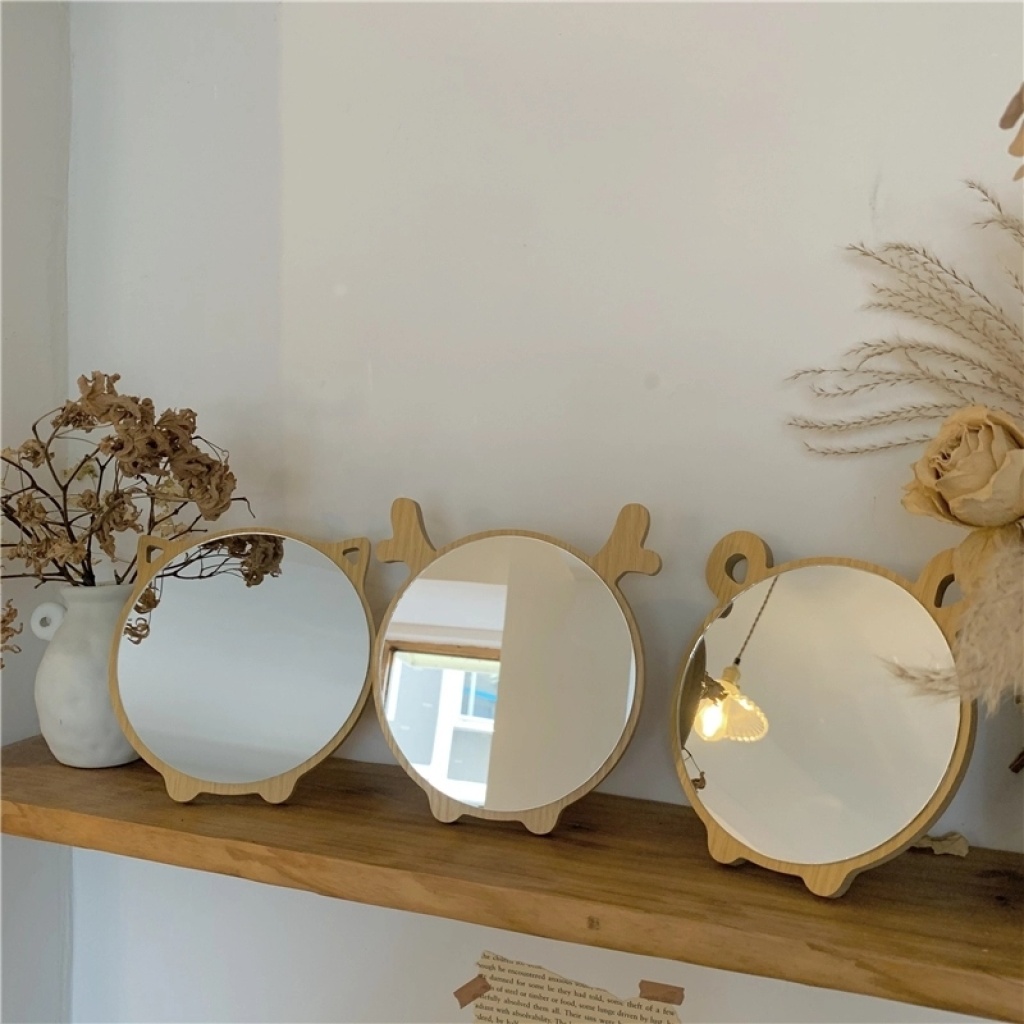 Korean Style Ins Makeup Mirror Internet Celebrity Minimalist Wooden Cute Cartoon Bear Elk Desktop Desktop Creative Dressing Mirror