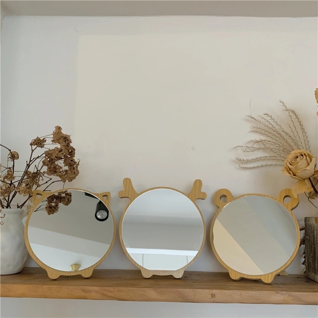 Korean Style Ins Makeup Mirror Internet Celebrity Minimalist Wooden Cute Cartoon Bear Elk Desktop Desktop Creative Dressing Mirror