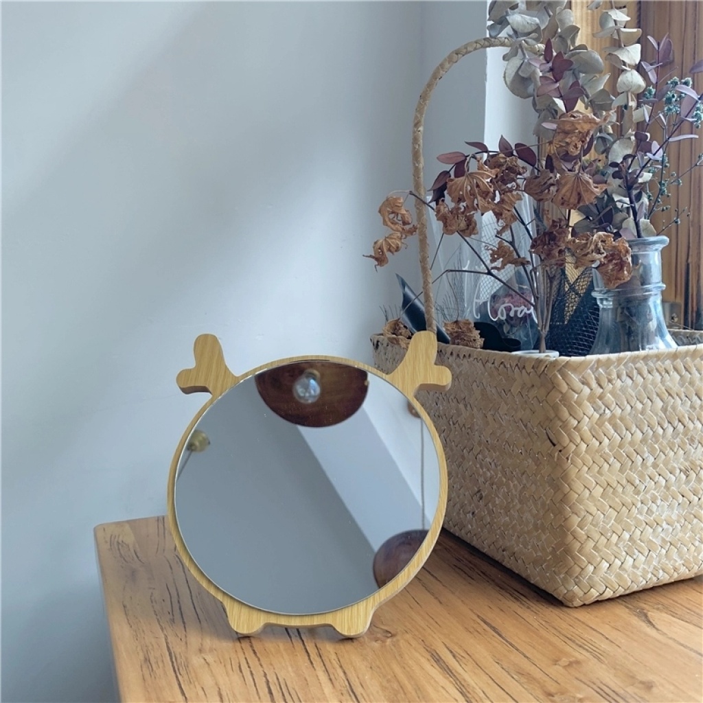 Korean Style Ins Makeup Mirror Internet Celebrity Minimalist Wooden Cute Cartoon Bear Elk Desktop Desktop Creative Dressing Mirror