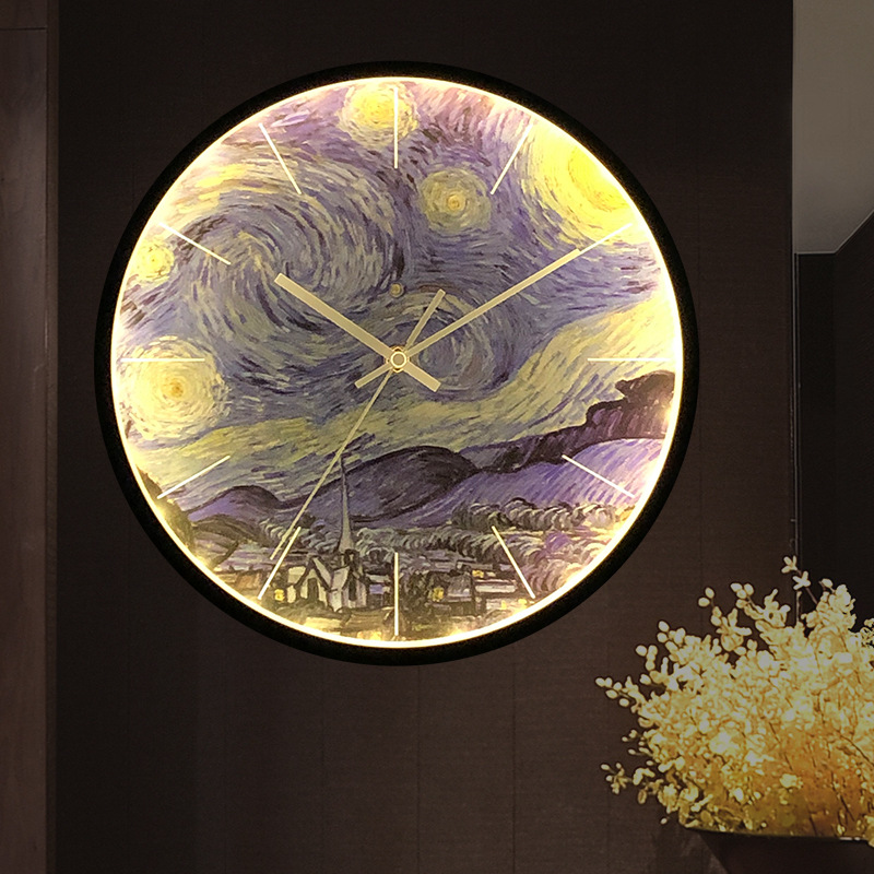 Clocks  LED Light Luminous Wall Clock  Van Gogh Starry Night Decorative Wall Clock Small Night Lamp Clock