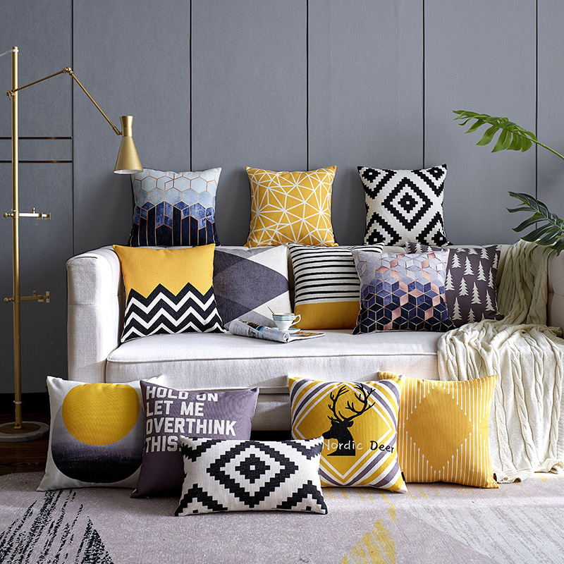 Cross-Border Nordic Sofa Cushion Modern Cotton and Linen Yellow Pillow Cover Office Lumbar Cushion Bedroom Bedside Cushion
