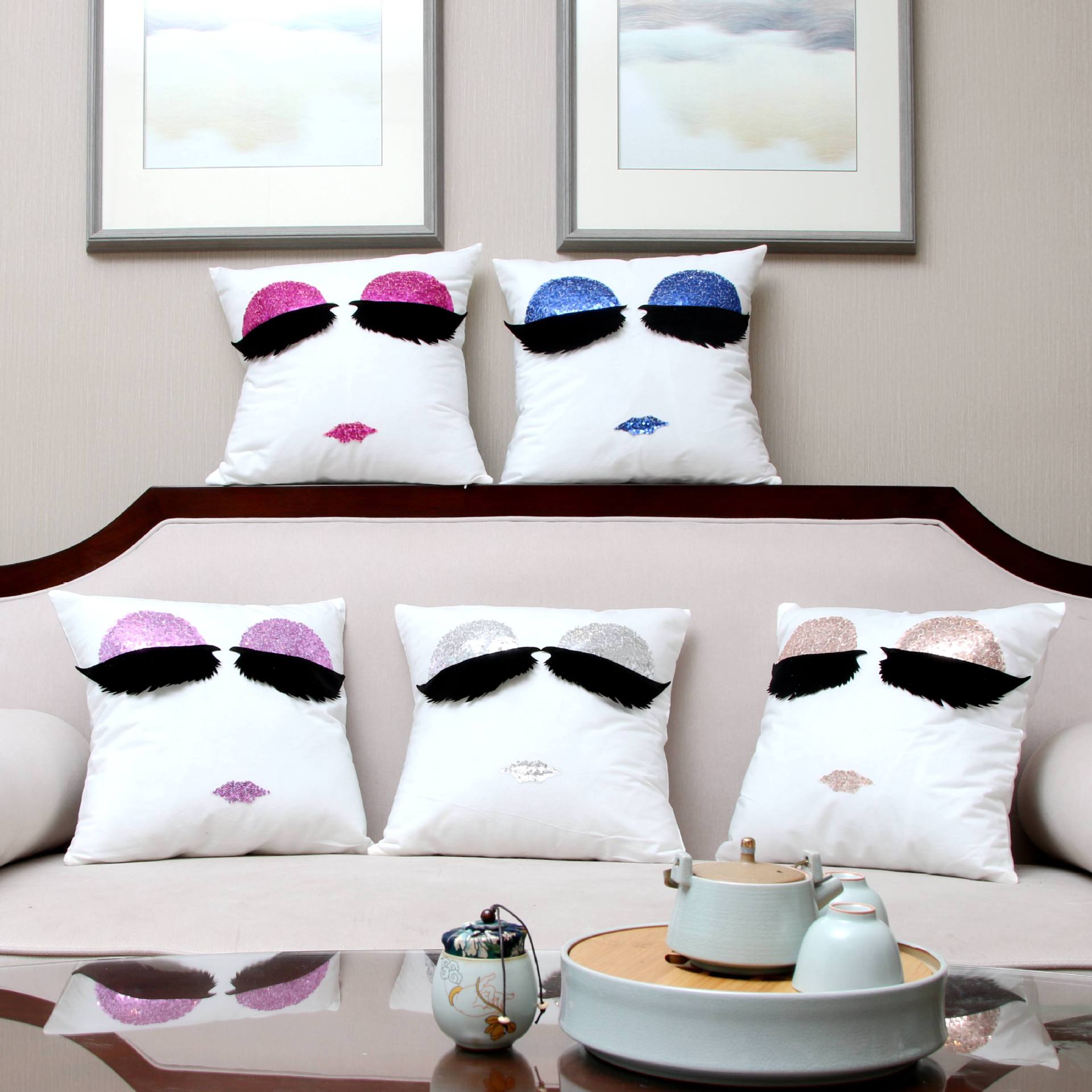 Korean Style Hot Sale Fashion Eyelash Square Cushion Creative Sequins Big Eyes Pillow Living Room Backrest Pillow Wholesale