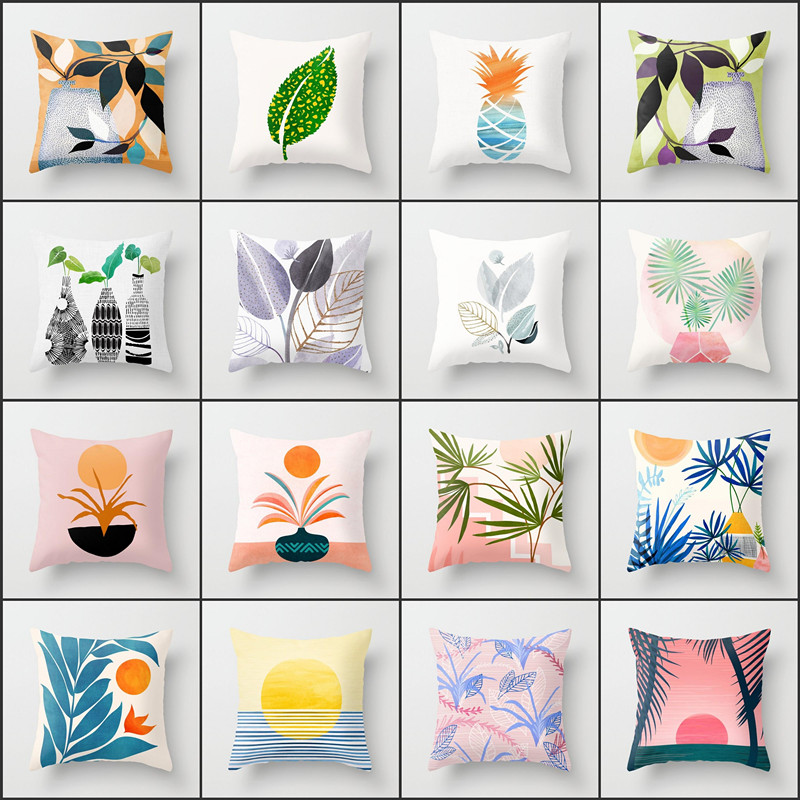 Pillow Removable and Washable Fashion Flower and Leaf Double-Sided Pattern Short Plush Square Cushion Sofa Cushion Cover Car Waist Pillow