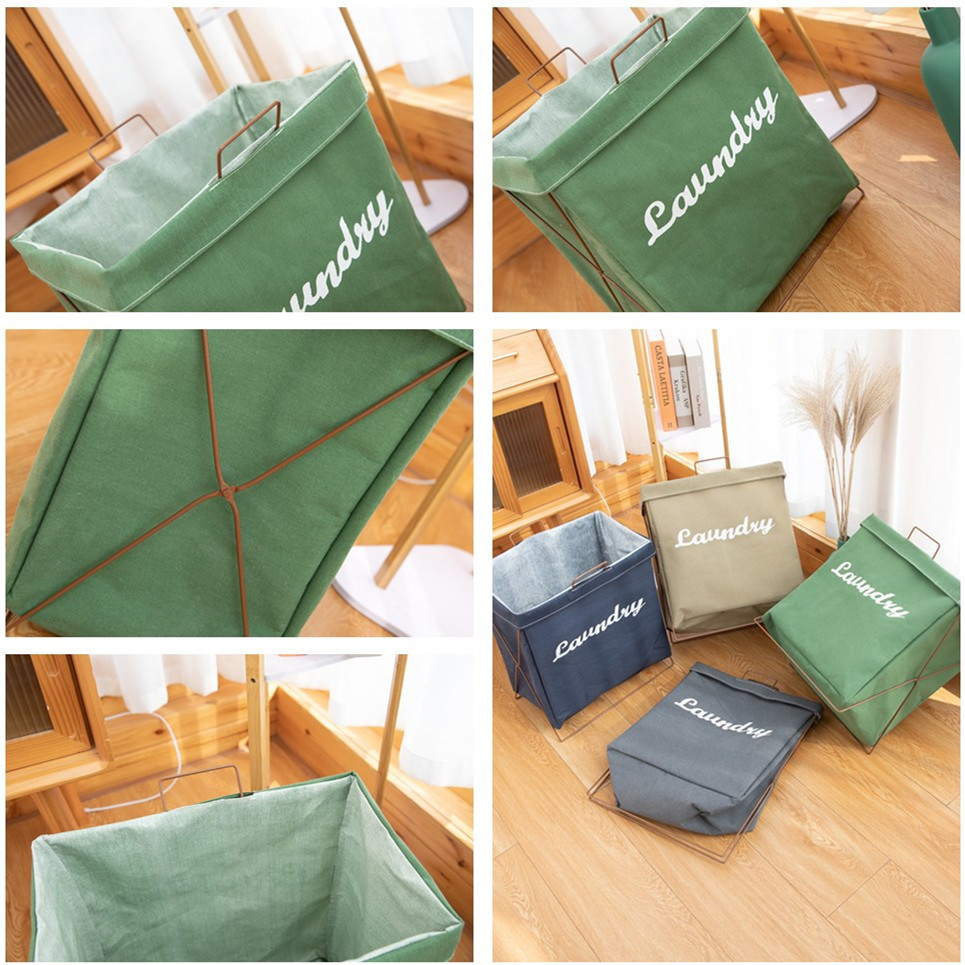 Iron Rack Storage Large Size Laundry Basket Laundry Basket Folding Waterproof Dirty Clothes Basket Cotton Linen Cloth Storage Basket Cross-Border Wholesale