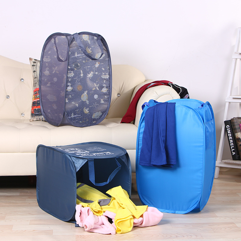 Home Folding Fine Mesh Color Net Laundry Basket Cartoon Folding Storage Bucket Dirty Clothes Blue Storage Containers Factory Wholesale