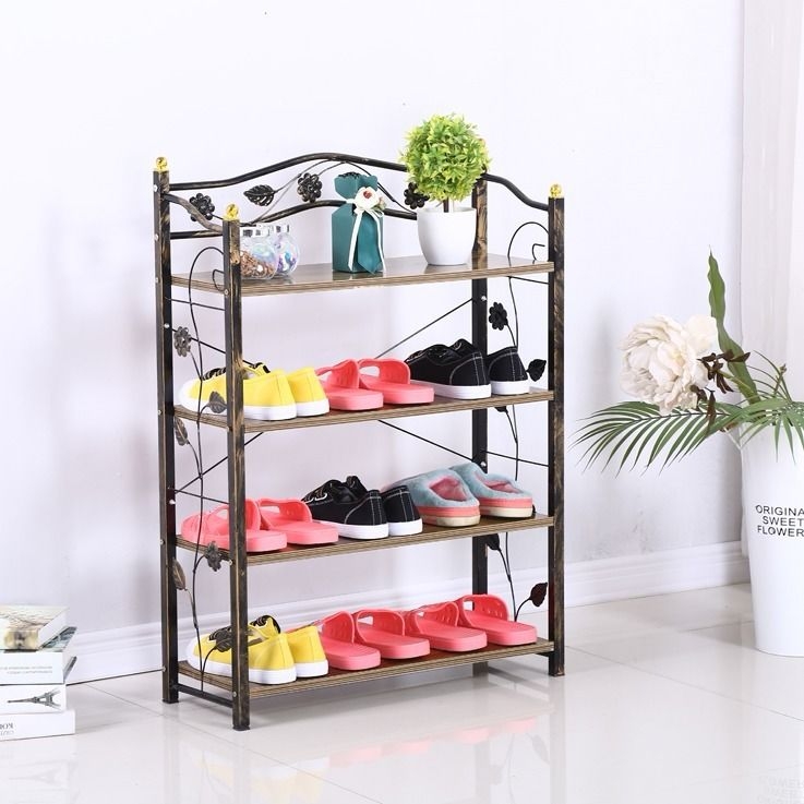 European-Style Retro Solid Wood Plate Iron Simple Shoe Rack Household Living Room 4-Layer Assembly Economical Slippers Shelf