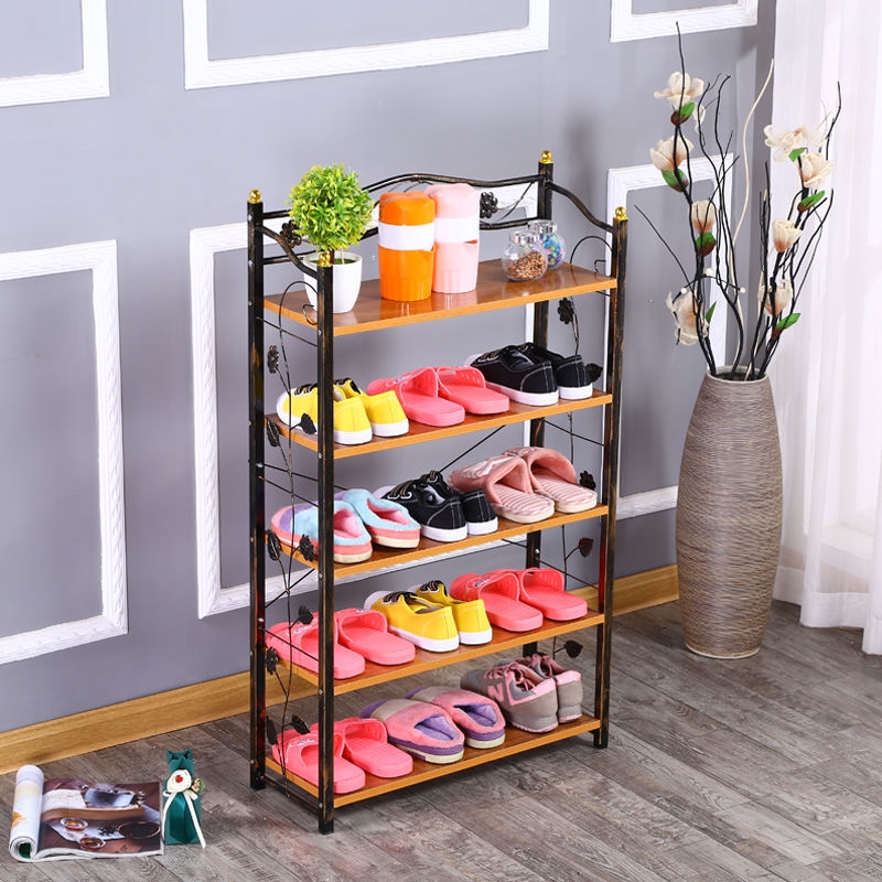 European-Style Retro Solid Wood Plate Iron Simple Shoe Rack Household Living Room 4-Layer Assembly Economical Slippers Shelf